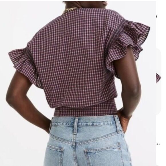 MADEWELL Flutter Sleeve Side Tie Wrap Top Black Red Plaid Women’s Sz Medium NWT - Picture 3 of 13